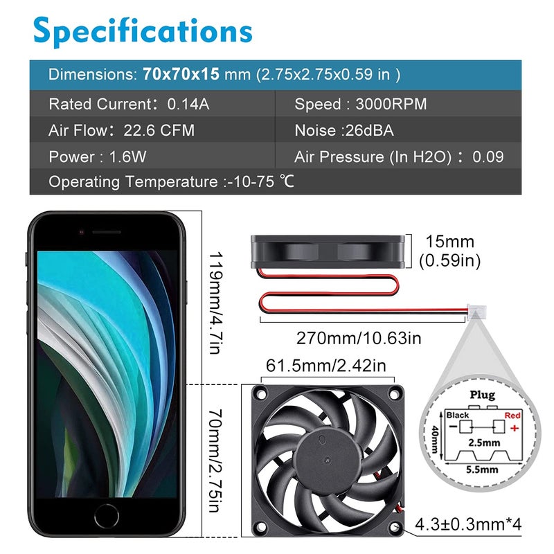 Wathai DC 12V Cooler Case Fan 70mm x 70mm x 15mm 2Pin Brushless Cooling Fan High Performance 2Pack - Image 2